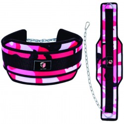 NEOPRENE WEIGHT LIFTING DIP BELT WITH METAL CHAIN PINK CAMO