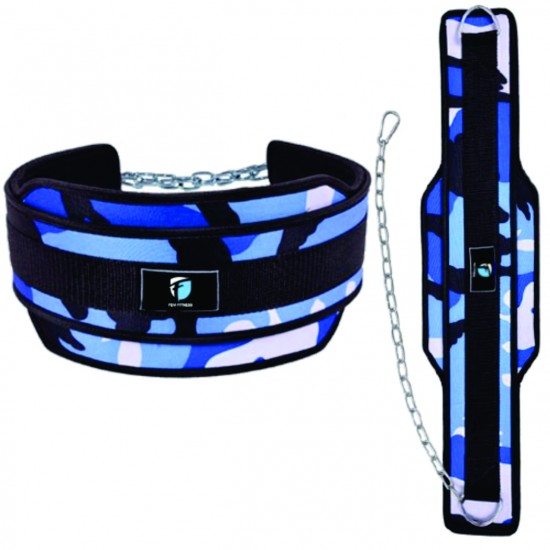 NEOPRENE WEIGHT LIFTING DIP BELT WITH METAL CHAIN BLUE CAMO